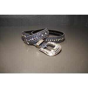 Black Rhinestone Studded Belt with Decorative Silver Buckle